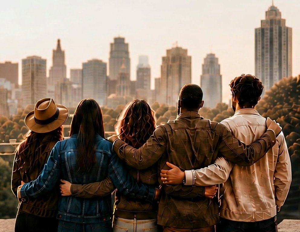 Community gathered together looking toward the city